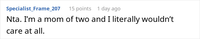 Comment expressing opinion on bikini top situation, mentioning a mom of two wouldn’t care. Comment expressing opinion on bikini top situation, mentioning a mom of two wouldn’t care.