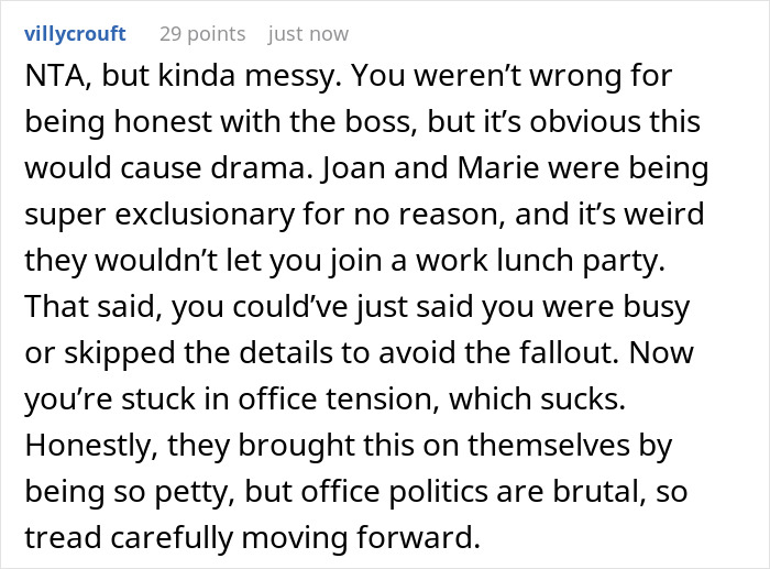 Text discussing exclusion in a work lunch party and office tension caused by mean behavior.