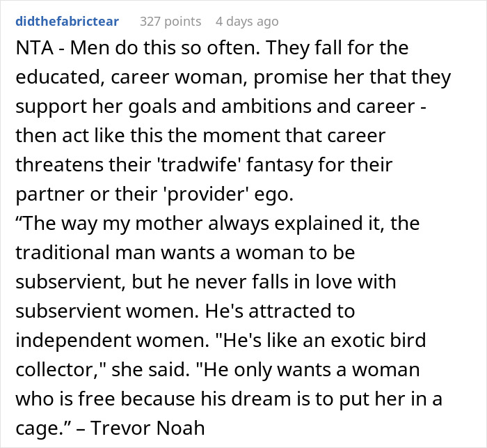 Reddit comment about refusing to give up promotion for husband, discussing gender roles and career ambitions.