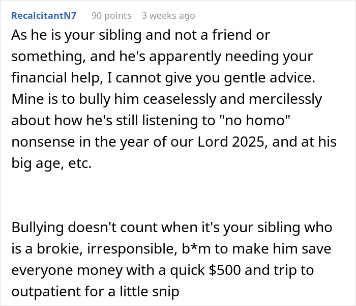 Comment discussing sibling's irresponsible behavior related to pregnancy and financial issues.