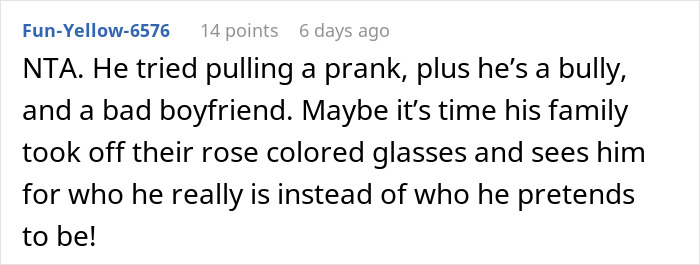 Text comment about a prank gone too far, calling someone a bully and bad boyfriend.