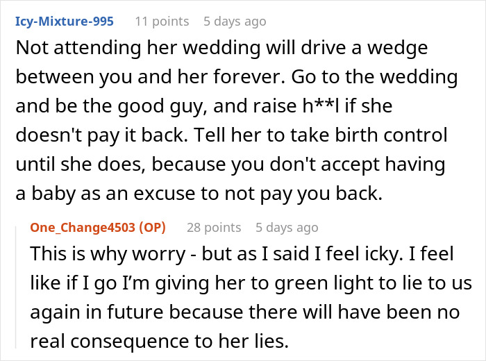 Reddit discussion about family expectations for a destination wedding, focusing on financial disagreements.