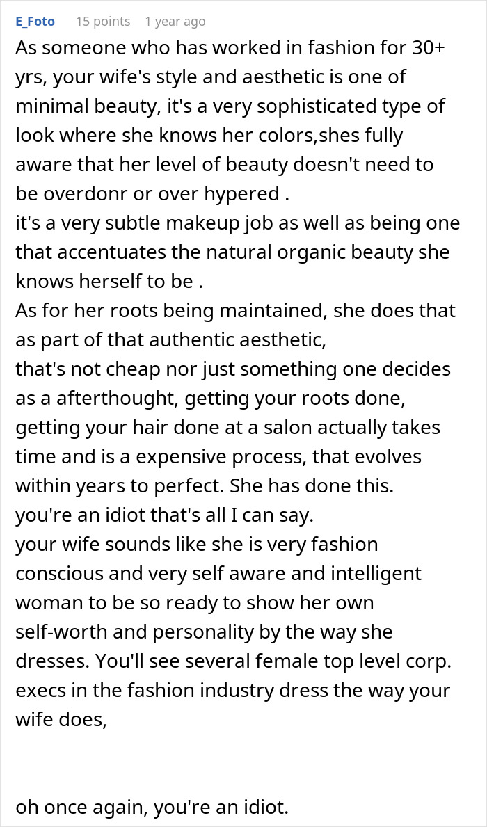 Fashion expert praises girlfriend's style as sophisticated and minimal, countering boyfriend's "boring" remark. Fashion expert praises girlfriend's style as sophisticated and minimal, countering boyfriend's "boring" remark.