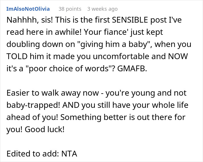 Comment criticizes fianc&eacute;'s job-focused family view, encourages calling off wedding for better future.