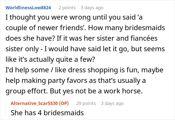 Reddit discussion about not being chosen as a bridesmaid, with users sharing opinions and advice. Reddit discussion about not being chosen as a bridesmaid, with users sharing opinions and advice.