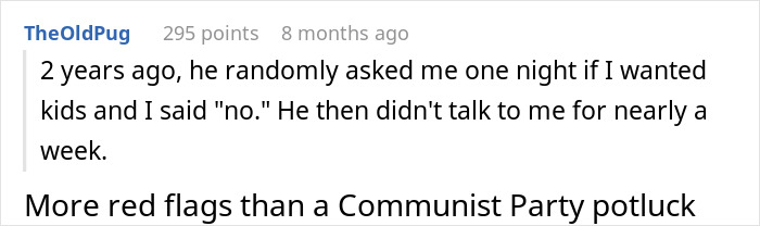 Screenshot of a Reddit comment discussing a couple's deep talk about wanting kids.