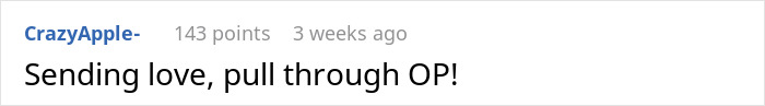 Reddit comment showing support: "Sending love, pull through OP!" in a babysitter discussion.