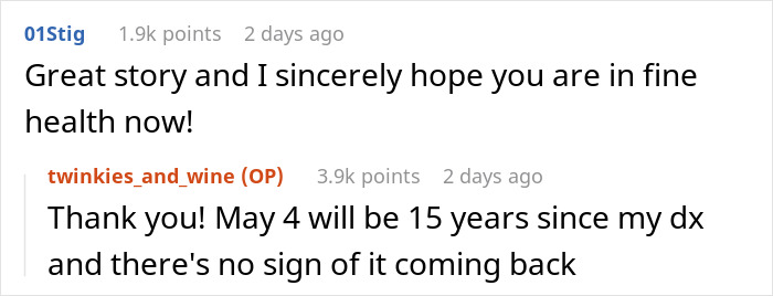Reddit comments exchange about health improvements after cancer diagnosis, reflecting support and optimism. Reddit comments exchange about health improvements after cancer diagnosis, reflecting support and optimism.