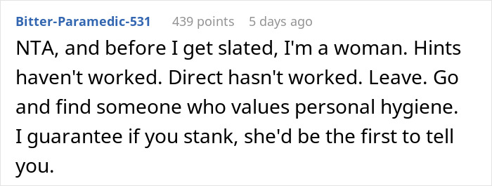 User comment criticizing poor personal hygiene in a relationship. User comment criticizing poor personal hygiene in a relationship.