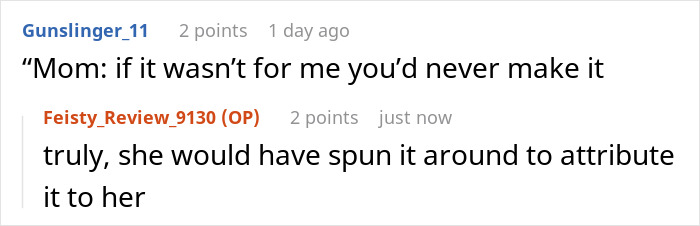 Text conversation: One person recalls a mother's doubt; another comments on the mother's behavior.