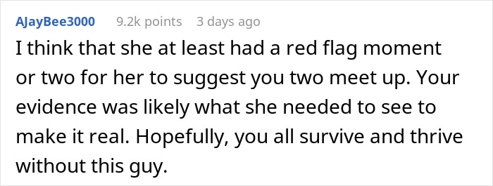 Reddit comment about ex&rsquo;s wife realizing husband's criminal record after a red flag.
