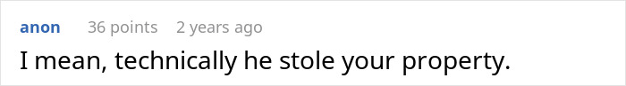 Reddit comment reading, "I mean, technically he stole your property," referencing a boyfriend throwing out items. Reddit comment reading, "I mean, technically he stole your property," referencing a boyfriend throwing out items.