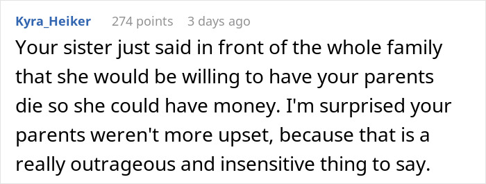 Screenshot of a comment discussing a sister making outrageous statements about family for money, highlighting insensitive remarks. Screenshot of a comment discussing a sister making outrageous statements about family for money, highlighting insensitive remarks.