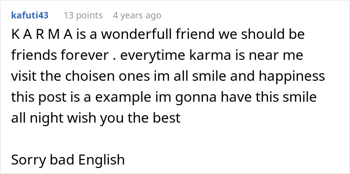 Text comment about karma and happiness from a user apologizing for bad English.