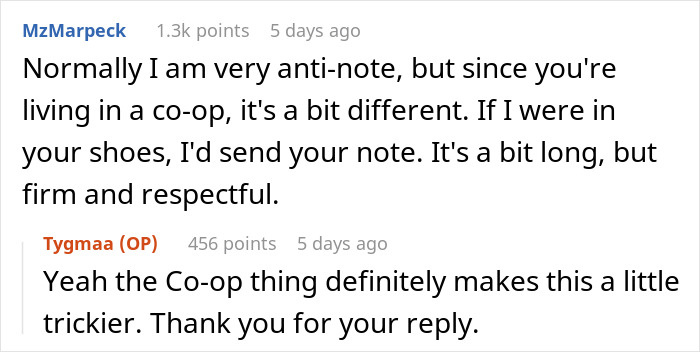 Reddit exchange about noise complaints and co-op living, with users discussing how to respond thoughtfully.