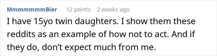 Reddit comment about teaching twins life lessons with wedding bridesmaid fee issue.