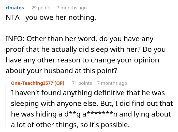 Discussion about late husband's affair and refusal to share money with child.