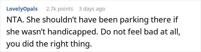 Comment discussing a person parking in a disabled neighbor's spot without permission.