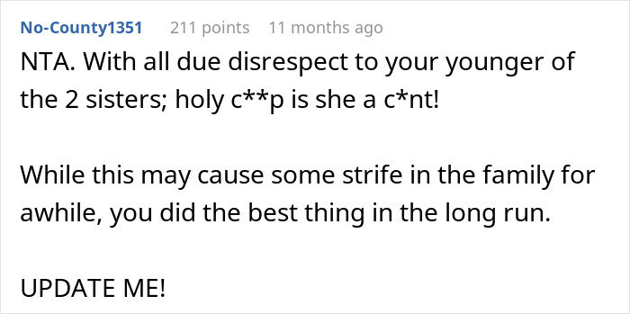 Online comment reacting to a woman's deception to win her sister's crush, causing family conflict.