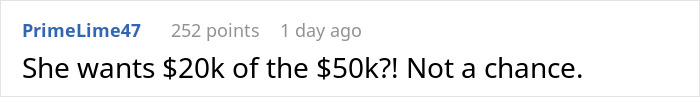 Comment on sibling demanding $20k for surgery after childhood stealing.