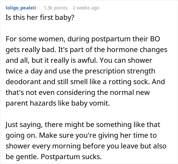 Text discussing postpartum body odor challenges and hygiene considerations. Text discussing postpartum body odor challenges and hygiene considerations.