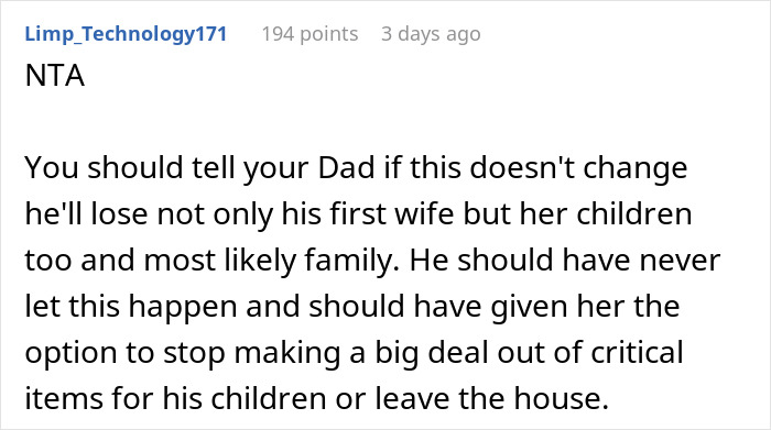 Reddit comment discussing family drama over late mom's belongings.