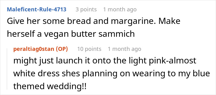 Reddit comments discussing vegan wedding menu issues, mention of dress and wedding theme.