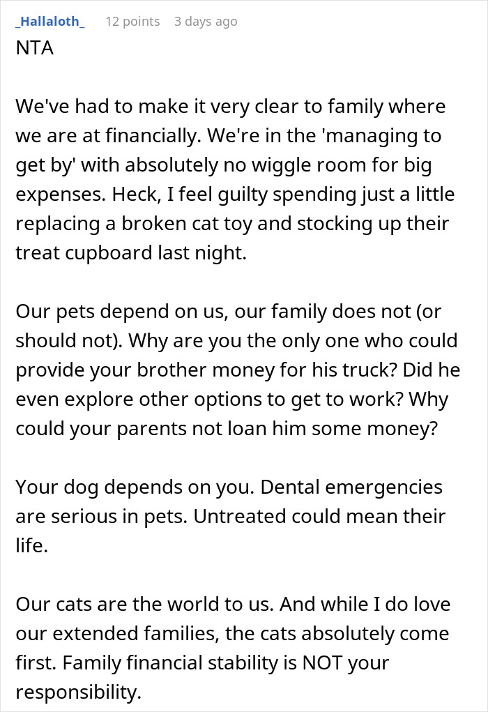 Text expressing frustration over family finances and prioritizing pet care. Text expressing frustration over family finances and prioritizing pet care.