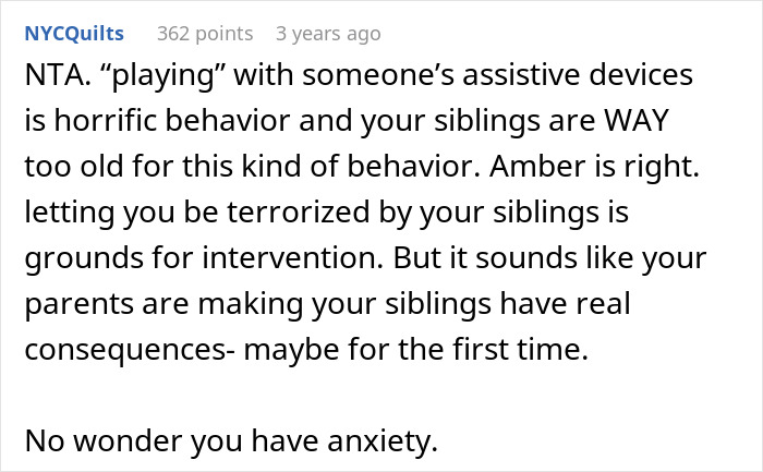 Text screenshot discussing consequences of hiding teen's hearing aids and glasses.
