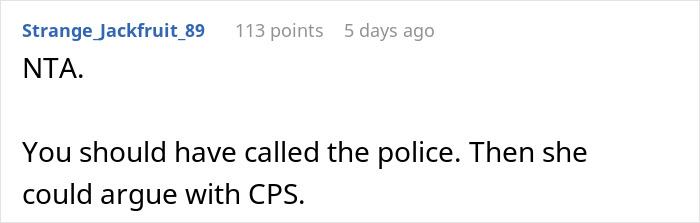 Reddit comment discussing a woman getting a harsh reality check after dropping off her kids at her sister's without consent.