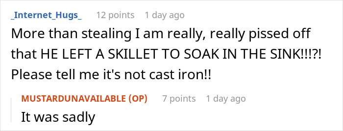 Reddit comment about a stolen skillet, with concern over soaking a cast iron skillet in the sink.