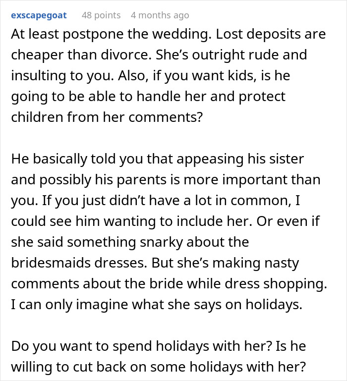 Online comment advising a woman to reconsider wedding due to fianc&eacute;'s sister's bullying behavior.