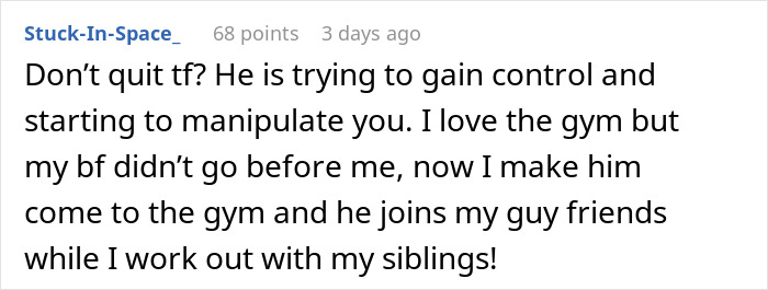 Comment discusses gym-loving woman with boyfriend issues, addressing control and manipulation. Comment discusses gym-loving woman with boyfriend issues, addressing control and manipulation.