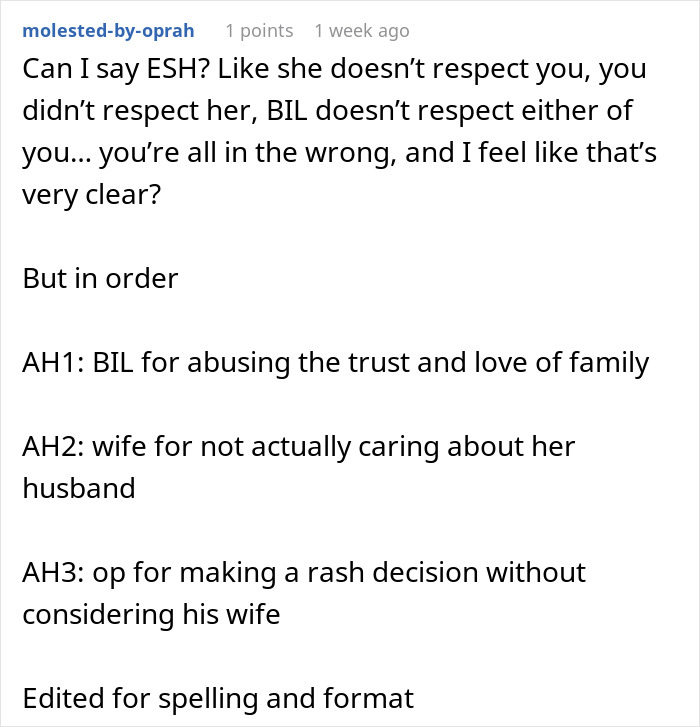 Reddit user comments on brother-in-law mooching, assessing blame in family conflict scenario.