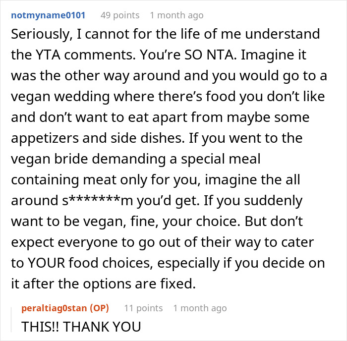 Reddit comment on vegan meal demand at a wedding, discussing guest accommodations and fairness.
