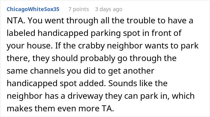 Text comment discussing issues with a neighbor parking in a disabled spot.