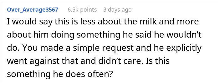 Text from an online comment discussing a dad microwaving breast milk against a request, questioning his behavior.
