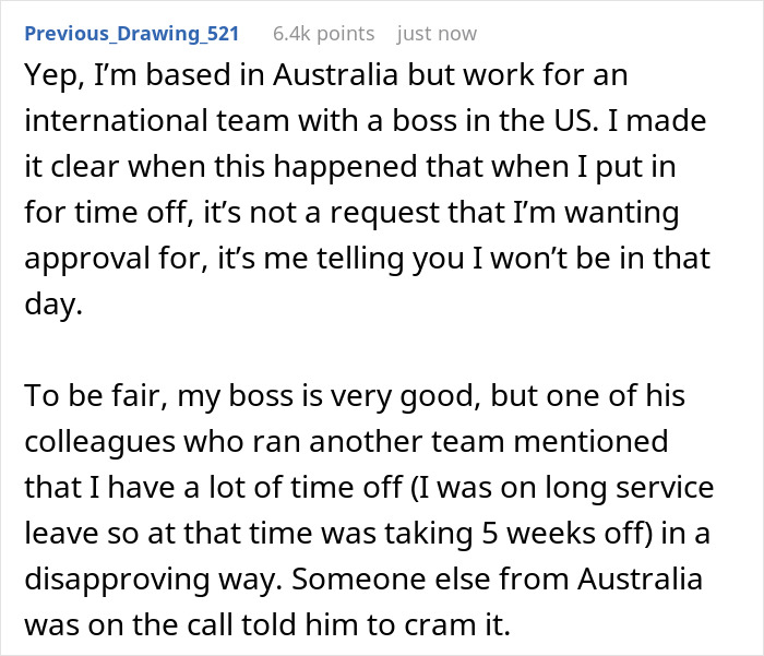 Text from European employee about taking PTO, asserting that time off is informed, not requested.