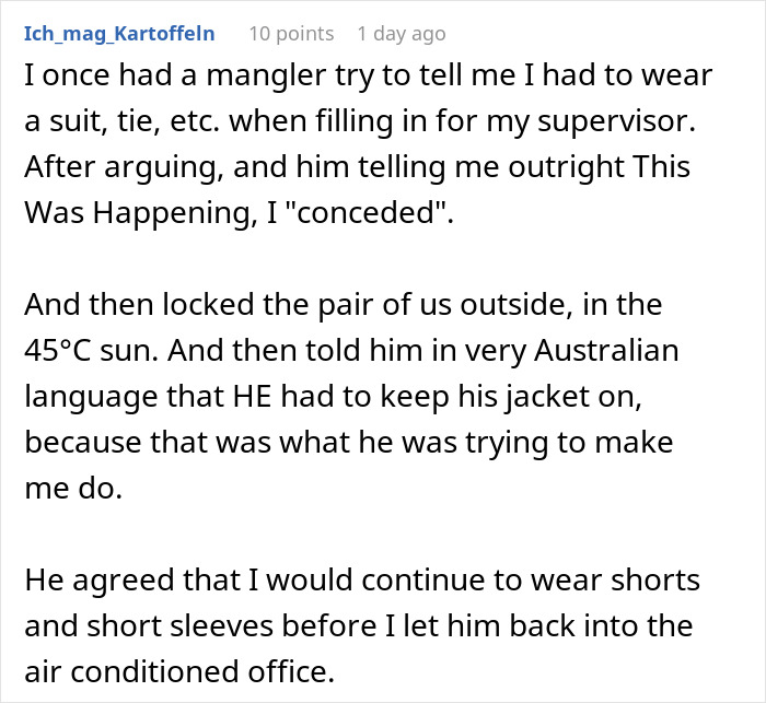 Text message about manager forcing employee to wear business attire in the sun, leading to regret.