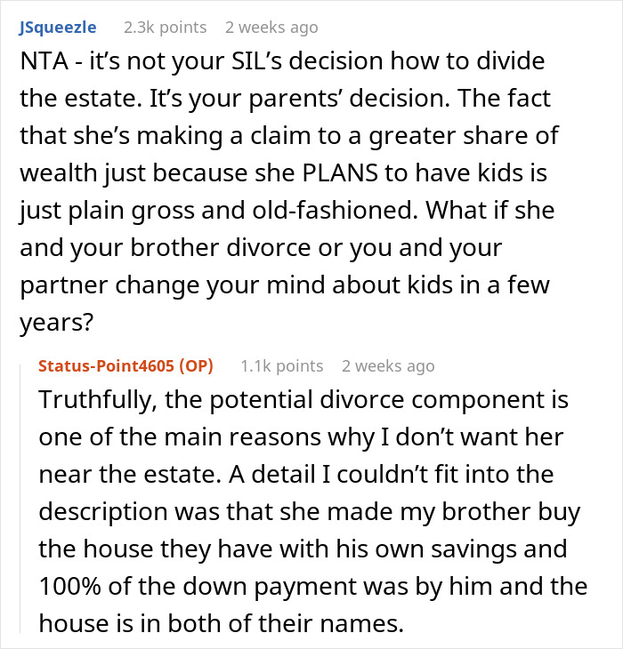 Discussion on inheritance, focusing on gay man being excluded for not having kids, with Reddit comments explaining viewpoints.