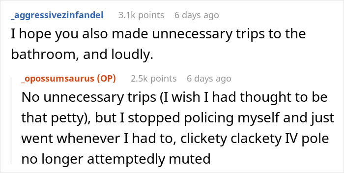 Hospital roommate conversation about unnecessary trips to the bathroom and IV pole noise.