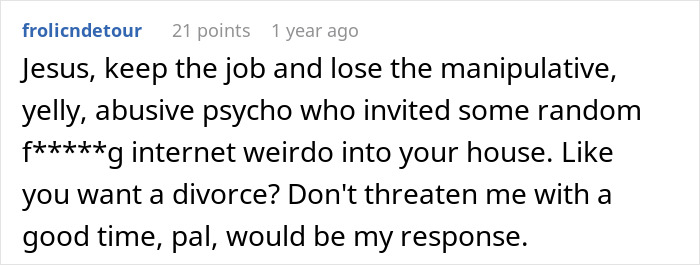 Reddit comment with advice on choosing between job or divorce in response to a husband's ultimatum.
