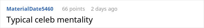 Comment reading 'Typical celeb mentality' with 66 points, discussing guards and mall entry issue. Comment reading 'Typical celeb mentality' with 66 points, discussing guards and mall entry issue.