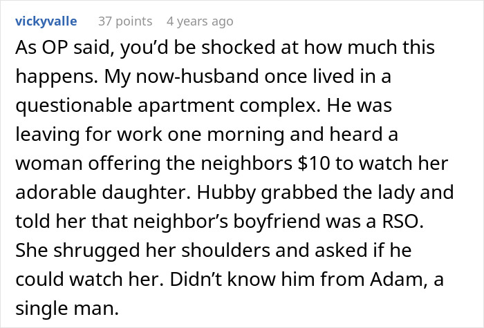 Text exchange about a woman offering money to neighbors to watch her child, mentioned in apartment context.