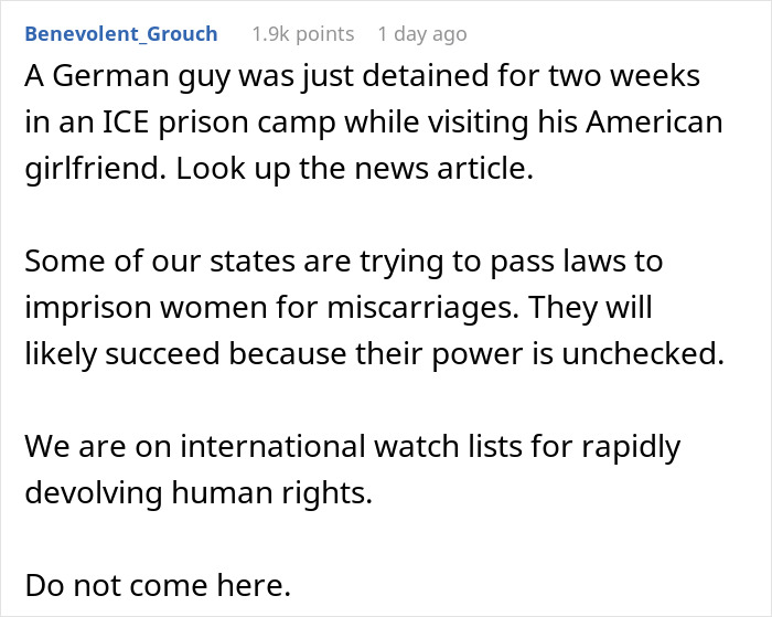 Text discussion on U.S. tariffs and related issues, mentioning ICE detention and human rights concerns.