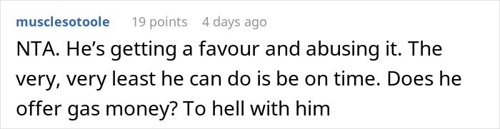 Comment discussing repeated lateness in ride-sharing arrangements, emphasizing punctuality and fairness.