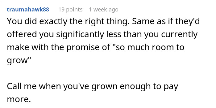 Candidate laughs at hiring manager's comment on unpaid overtime and growth promises, screenshot of online comment.