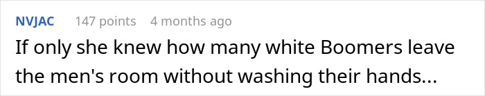 A comment about Boomers and handwashing in a restroom context, with username NVJAC and their points visible.