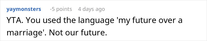 Reddit comment discussing promotion refusal in marriage context.