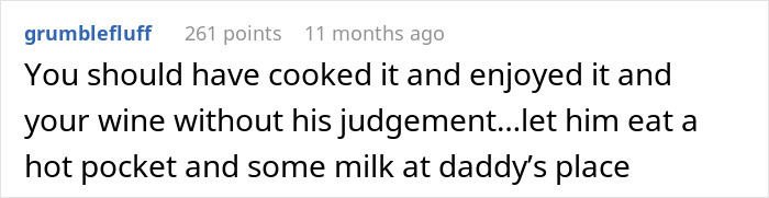 Comment discussing wine and judgment, suggests enjoying wine despite BF's refusal citing family alcoholism genes.